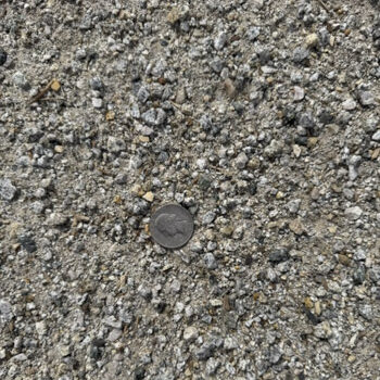 Close-up of light gray decomposed granite with charcoal and tan flecks and a quarter for scale